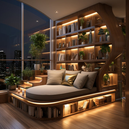 a modern bedroom interior with a bookcase.の素材