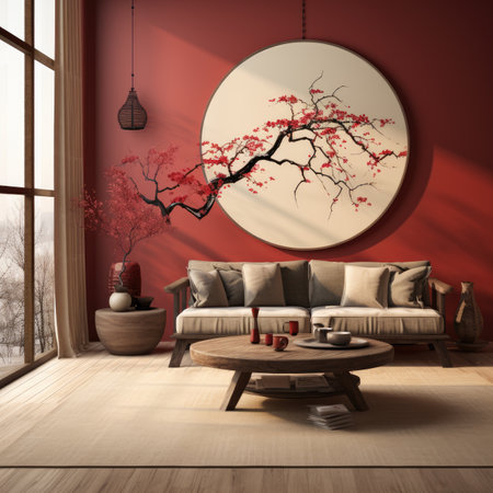 Interior of modern living room with red walls, wooden floor and sofaの素材