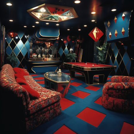 Interior of a night club with a dark blue and red interiorの素材