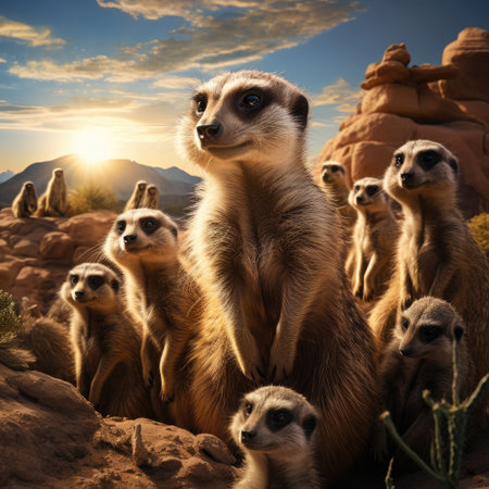 group of meerkats in the desert at sunsetの素材