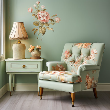 Classic green armchair in classic interior with floral pattern.の素材