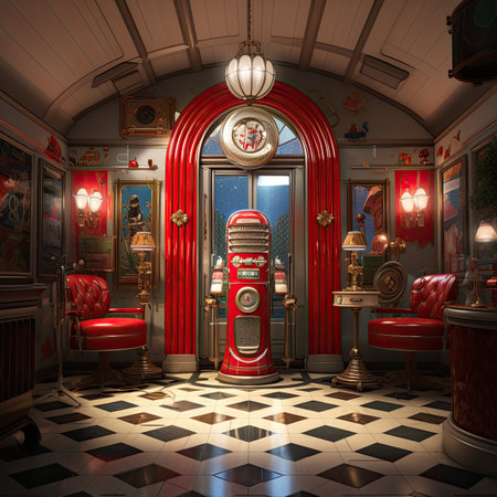 Interior of a classic barber shop with a red door and a red chairの素材