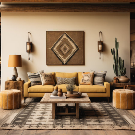 Interior design of living room with yellow sofa, coffee table and decorative elementsの素材