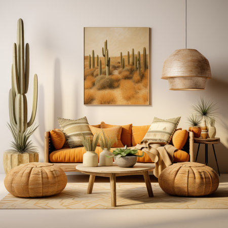 Interior of modern living room with orange sofa, coffee table and cacti.の素材