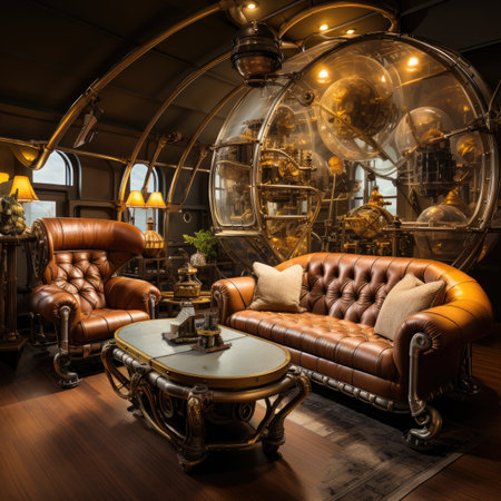 Interior of a luxury cruise ship. Luxury leather armchairs, coffee table, vintage coffee tableの素材