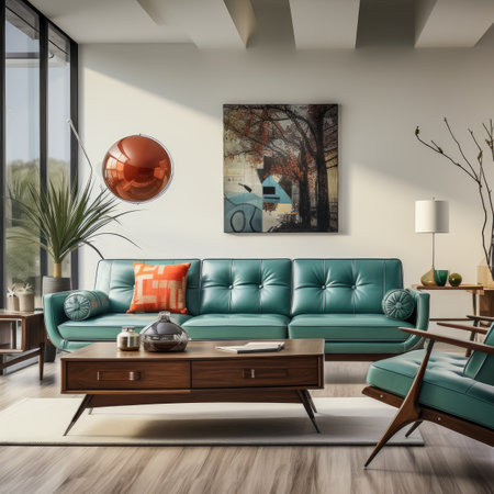 Interior of modern living room with blue sofa and wooden coffee table.の素材