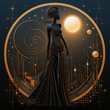 Beautiful woman in a long dress on the background of the moon and starsの素材