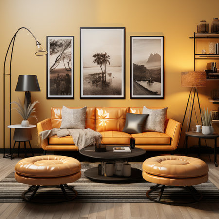 Modern living room interior design with orange sofa and coffee table.の素材