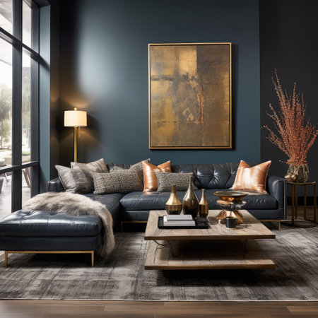 Interior of modern living room with dark blue sofa, coffee table and decorative plants.の素材