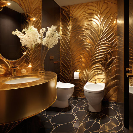 a luxury bathroom with golden and black tiles.の素材