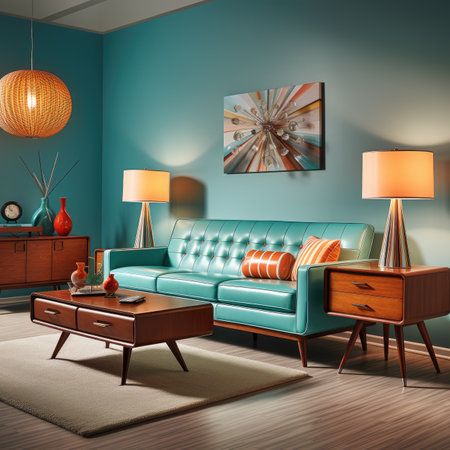 Interior of modern living room with blue walls, wooden floor, blue sofa with orange cushions and coffee table.の素材