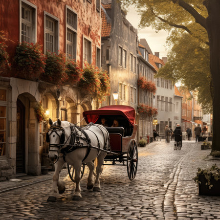 Horse-drawn carriage in the old townの素材