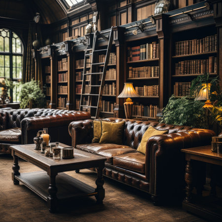 Luxury leather armchairs and bookshelves in an old libraryの素材
