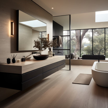 Interior of modern bathroom with black and white walls, wooden floor, comfortable bathtub and mirror.の素材