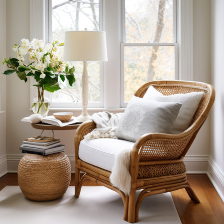 Comfortable wicker chair with pillows, books and vase with white flowers near windowの素材