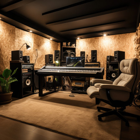 Music Studio with speakers, speakers, computer and chair in the roomの素材