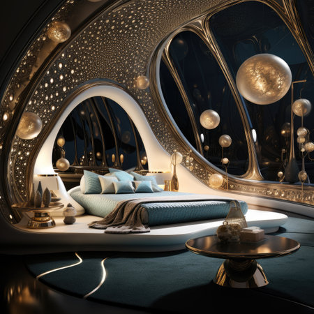 a luxury bedroom with a double bed in the form of a tunnelの素材