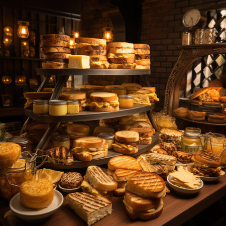 Variety of cheese and bread in a bakery shop.の素材