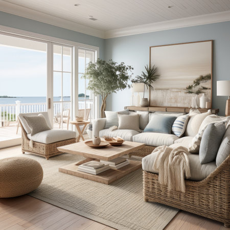 Interior of modern living room with sea view.の素材