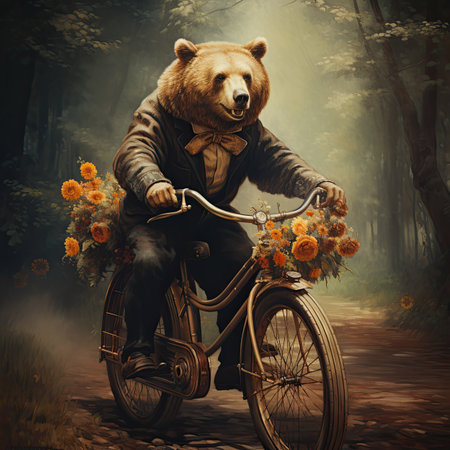 Biker with a bear on a bicycle in the autumn forest.の素材
