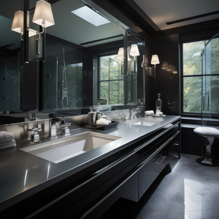 Luxury modern bathroom with black walls, concrete floor, black countertops, built in sink and mirror.の素材
