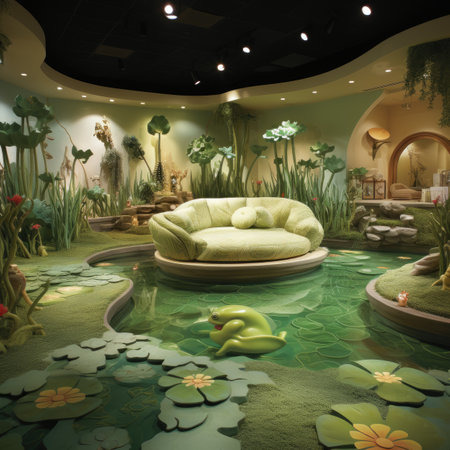 a green room with a pond and a sofaの素材
