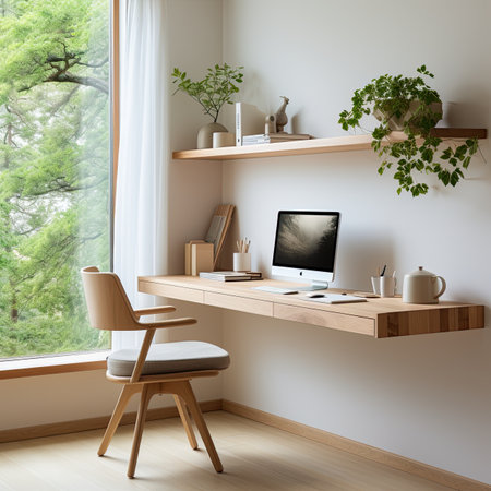 Wooden desk with computer in modern living room.の素材