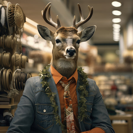 Portrait of a deer dressed up as a man in the storeの素材