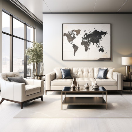 Living room interior with sofa, coffee table and world map.の素材