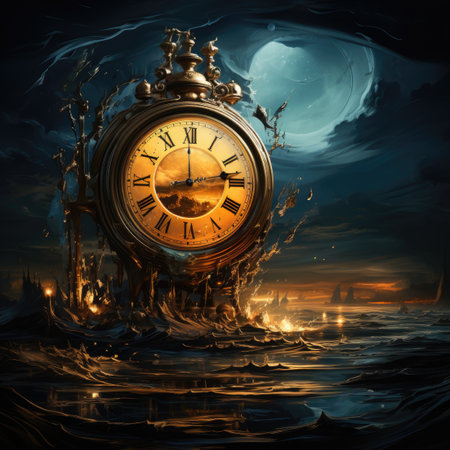 Vintage clock on the background of the sea and night sky.の素材