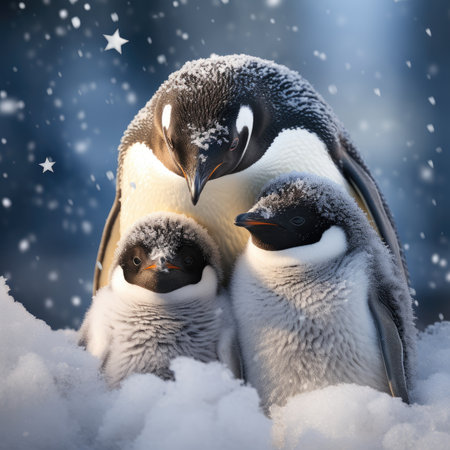 Penguin family on snow. Winter scene with penguins.の素材