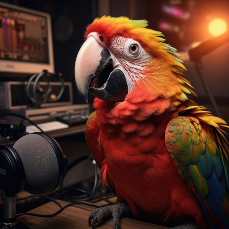 Colorful macaw parrot sitting on the desk in the recording studioの素材
