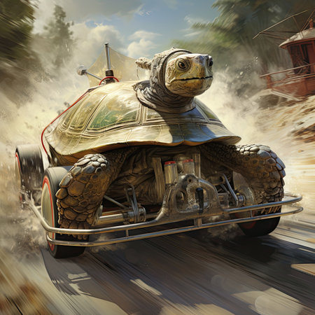Turtle on a vintage car in the desert.の素材
