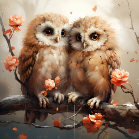 Two owls sitting on a branch with flowers.の素材