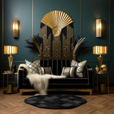 Luxury living room with sofa, armchair, lamp, coffee table and golden fan.の素材