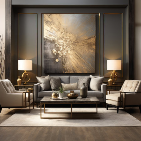 Interior of modern living room with grey walls, wooden floor, comfortable brown sofa and armchair.の素材
