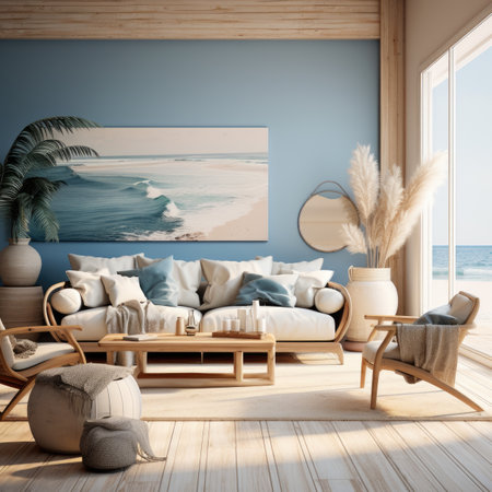 Interior of modern living room with blue walls, wooden floor, comfortable sofa, coffee table and sea view.の素材