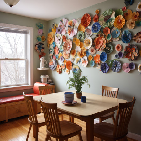 Modern dining room with a lot of colorful paper on the wall.の素材