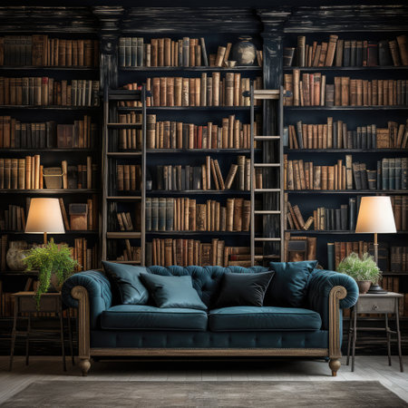 Bookshelf with books and a blue sofa.の素材