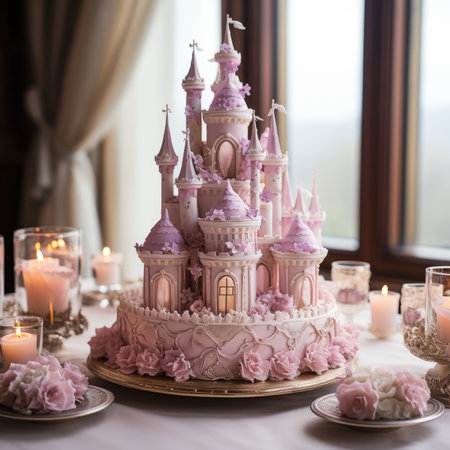 Wedding cake with pink flowers and candles on the table.の素材