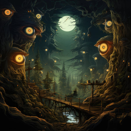 Fantasy landscape with a haunted house on the background of a full moonの素材