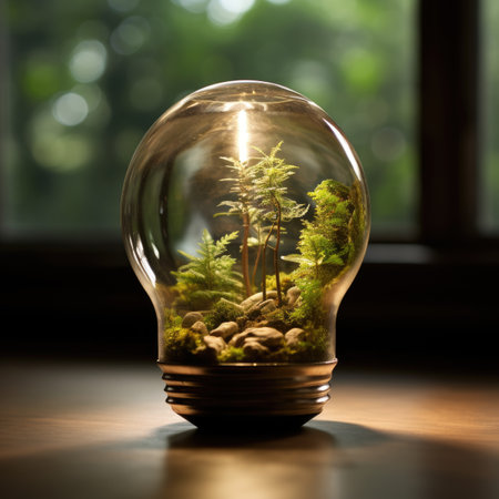 Glass light bulb with plant inside inside on wooden table with natural backgroundの素材