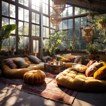 Interior of a modern living room in loft style with colorful cushionsの素材
