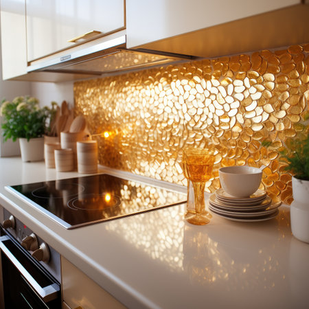 interior of modern kitchen with white and gold tiles on the wallの素材