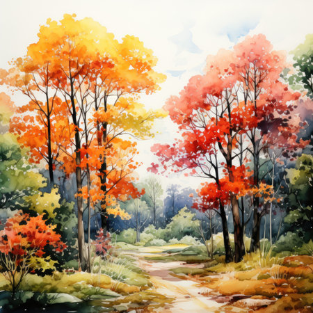 Watercolor autumn forest with colorful trees.の素材