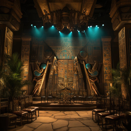 Ancient Egyptian temple with columns and columns illuminated by a bright spotlightsの素材