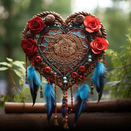 Dreamcatcher in the shape of a heart with feathers and beadsの素材