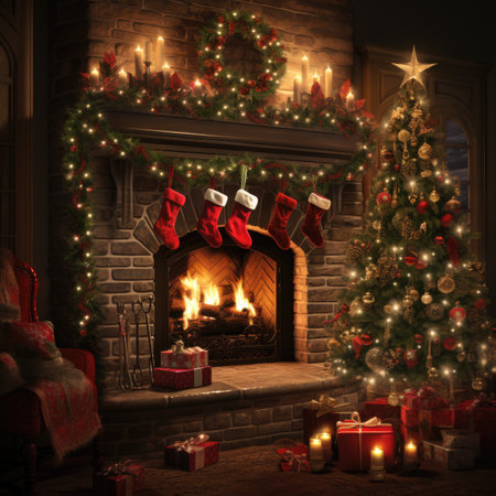 Christmas tree with presents and fireplace at night.の素材