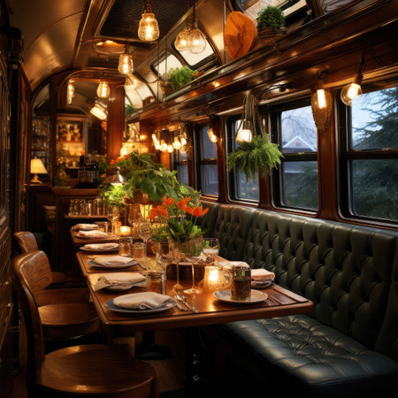 Luxury interior of a classic restaurant with wooden tables and chairsの素材
