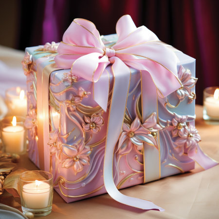 gift box with pink ribbon and candles on the table in a restaurantの素材